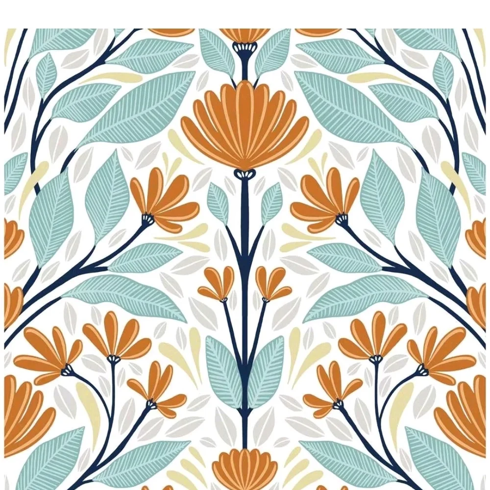 NextWall Verdifris And Orange Folk Floral Peel And Stick Wallpaper